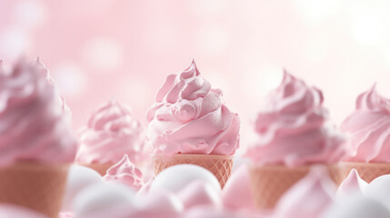 Wall Mural - Pastel pink bubble gum flavor ice cream waffle cones, dessert background