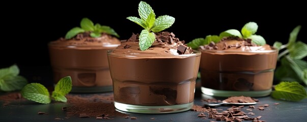 Wall Mural - Chocolate Mousse Delight. Velvety chocolate mousse garnished with chocolate shavings and a mint leaf on kitchen interior background with copy space.