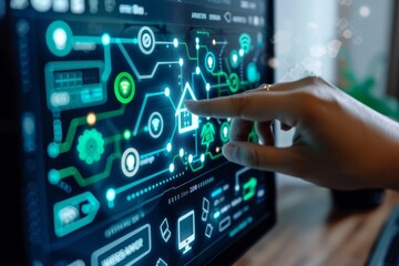 Poster - Close-up of a hand touching digital monitor with Smart Home Automation Control System. Futuristic innovative touchscreen for online control of smart home elements.