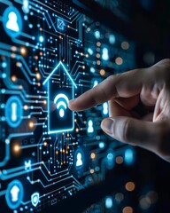 Poster - Close-up of a hand touching digital monitor with Smart Home Automation Control System. Futuristic innovative touchscreen for online control of smart home elements.