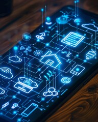 Poster - Close-up of a smartphone display with Smart Home Automation Control System. Futuristic innovative system for online control of smart home elements.