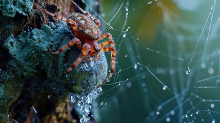 spiders are in webs, making nests in tree branches