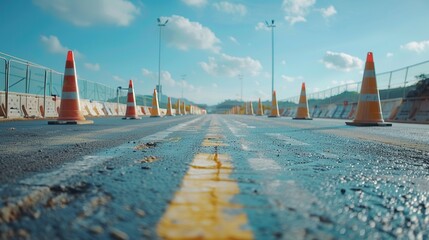 Orange traffic cones line a sunlit road, signaling caution and ongoing construction, a scene capturing urban development and safety management, suitable for use in materials related to urban planning