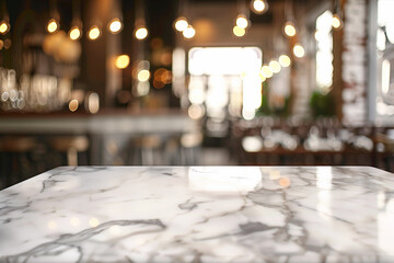 Empty marble table with a blurred in the restaurant background.