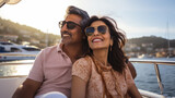 Fototapeta Konie - Smiling middle aged indian american couple enjoying sailboat ride in summer