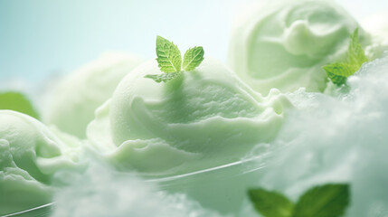 Wall Mural - Green mint flavor ice cream with fresh leaves ingredients, dessert background