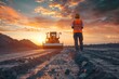 Engineers and worker are working on road construction. engineer holding radio communication at road construction site with roller compactor working dust road on during sunset.