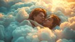 man and a woman sleeping in a comfortable cloud in the sky, the photo suggests extraodinary comfort, they have a relaxing and quality sleep, close view photo from above