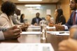 a diverse panel of interviewers discussing and evaluating resumes during a hiring committee meeting, with a conference room setting and documents spread across the table