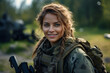© Tetiana - AI generated photo portrait of confident smiling ukrainian girl armed and equipped in the battle field