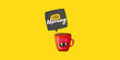 © zmiter - Good morning quote with cute red coffee cup character and speech bubble isolated yellow background. Vector good morning slogan and Coffee cartoon horizontal banner, label, funny banner design template