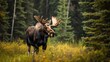 Male moose standing in green savanna with pine forest background