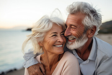 Wall Mural - Generative AI portrait of happy beautiful mature people enjoying summer sea vacation walking seaside