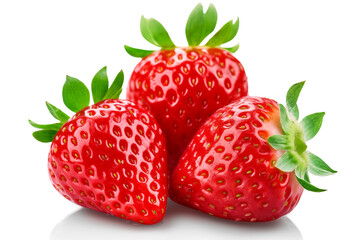 Wall Mural - Three juicy strawberries isolated on a white background.
