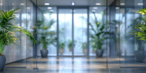 Canvas Print - blurred glass office doors with interior glass door with plants in the background in modern office
