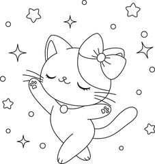 Wall Mural - Cute cat is dancing coloring page. Kawaii animal illustration colouring book for kids.