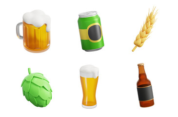 Beer 3d icon set. Beer Glass with foam. Aluminum Can, Wheat Ear, Hop Cone, Glass Bottle. 3D object on a transparent background