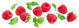 Flying ripe juicy raspberries with leaves isolated on a white background.