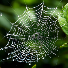 The intricate details of a spiders web covered in dew