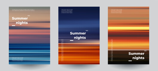 Summer beach night backgrounds set. Creative gradients in summer colors. Ocean horizon, beach and sunsets.