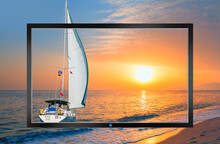 Flat Screen Tv - The Actual Image Of Amazing Sea Sunset With Lone Yacht