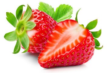 Wall Mural - Bright whole strawberries and juicy cut strawberries isolated on a white background.