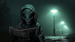 An alien with a newspaper on a dark road in the rain