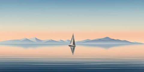 Wall Mural - A lone sailboat gliding peacefully over the calm ocean waters with a backdrop of distant mountains and a clear sky