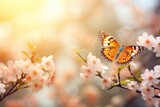 Fototapeta Natura - Butterfly Perched on Blossoming Tree Branch