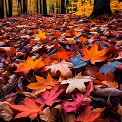 Sticker - Vibrant autumn leaves covering a forest floor. 