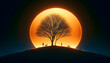 an artistic representation of a tranquil scene with two human silhouettes and a dog silhouette standing beside a leafless tree on a hilltop. The focal point is a giant, luminous, orange sun setting