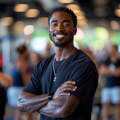 Wall Mural - Fitness Coach, editorial photography - A fitness coach in gym attire, arms crossed, smiling in a fitness center.