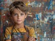 Teenage Artist, editorial photography - A young artist in a paint-splattered apron, confidently standing with arms crossed, smiling beside their latest masterpiece. 