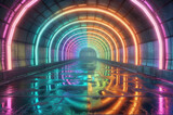 Fototapeta Przestrzenne - A tunnel with a glossy floor, colorful neon lights, and a reflection of the lights on the floor.