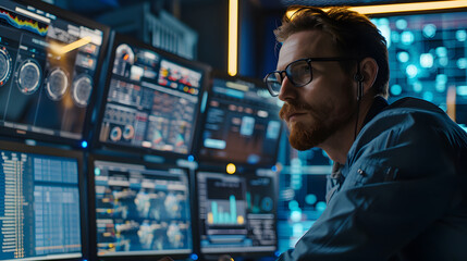 Poster - A mechanical man operate a computer with multi monitor at the office.