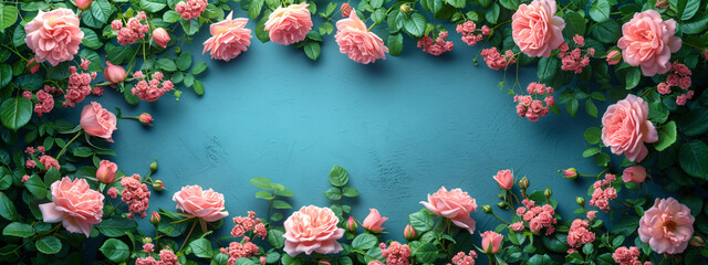 Wall Mural - Romantic vintage frame made of beautiful roses on turquoise blue background. Greeting card template, invitation or postcard for wedding, birthday, Valentine, Women's and Mother's day with copy space