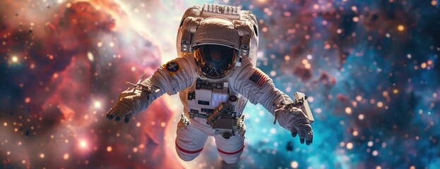 Wall Mural - An Astronaut Floats Among Cosmic Elements, Uniting Humanity with Infinity Against a Backdrop of Distant Galaxies and Nebulae