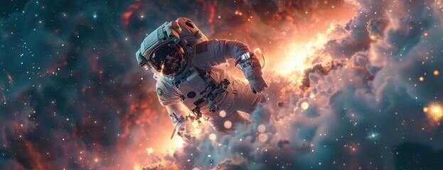 Wall Mural - An Astronaut Drifting in Zero Gravity Amidst Cosmic Elements, with Distant Galaxies and Nebulae Illuminating the Human Connection to the Universe