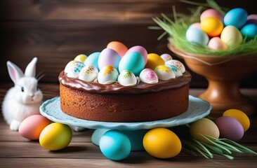 Wall Mural - Easter cake along with multi-colored painted eggs. Traditional Easter spring food on wooden background 