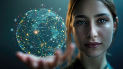 Poster - Young caucasian woman or a girl holding a futuristic glowing virtual ball of global network wireless connection digital technology symbol or Internet communication