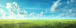A beautiful summer landscape with a blue sky and green grass field, banner for copyspace. 