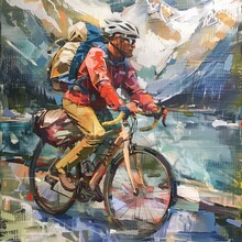 Oil Painting Abstract Illustration Of Bicyclist Travel Among The Mountains.