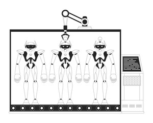 Poster - Manufacturing robots black and white 2D line cartoon characters. Robotics and electronics isolated line vector items white background. Machines production monochromatic flat spot illustration