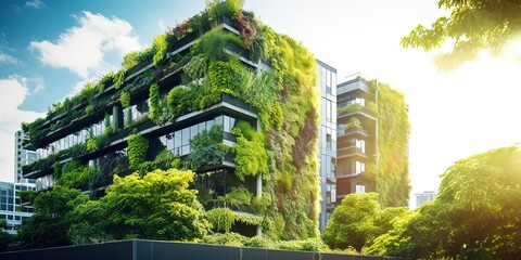Wall Mural - Sustainable green building in modern city. Green architecture. Eco-friendly building. Sustainable residential building with vertical garden reduce CO2. Apartment with green environment.