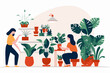 Set of happy women caring about interior potted plants isolated on white background. Home gardening and growing houseplants. Colored flat vector illustration of trendy people with house greenery