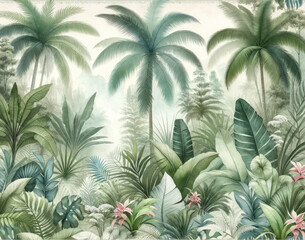  Landscape Forest wallpaper with tropical leaves And Palm Tree . Hand Drawn Design. Luxury Wall Mural , wall art  , old vintage drawing , Watercolor 