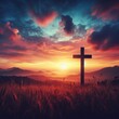 The cross standing on meadow sunset and flare background. Cross on a hill as the morning sun comes up for the day. The cross symbol for Jesus Christ. Generative AI.