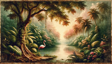 Landscape Forest Wallpaper With Tropical Leaves And Flamingo In The Water . Hand Drawn Design. Luxury Wall Mural , Wall Art  , Old Vintage Drawing , Watercolor 