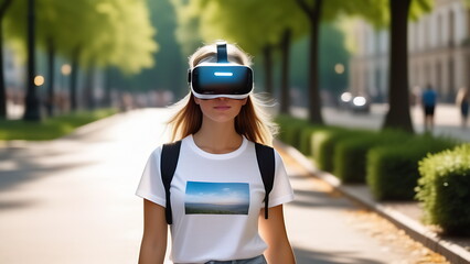 Wall Mural - A girl in virtual reality glasses walks through a park in the city in the summer with a backpack and a white T-shirt
