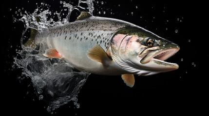 Wall Mural - A large salmon or trout jumps out of the water on a black background.